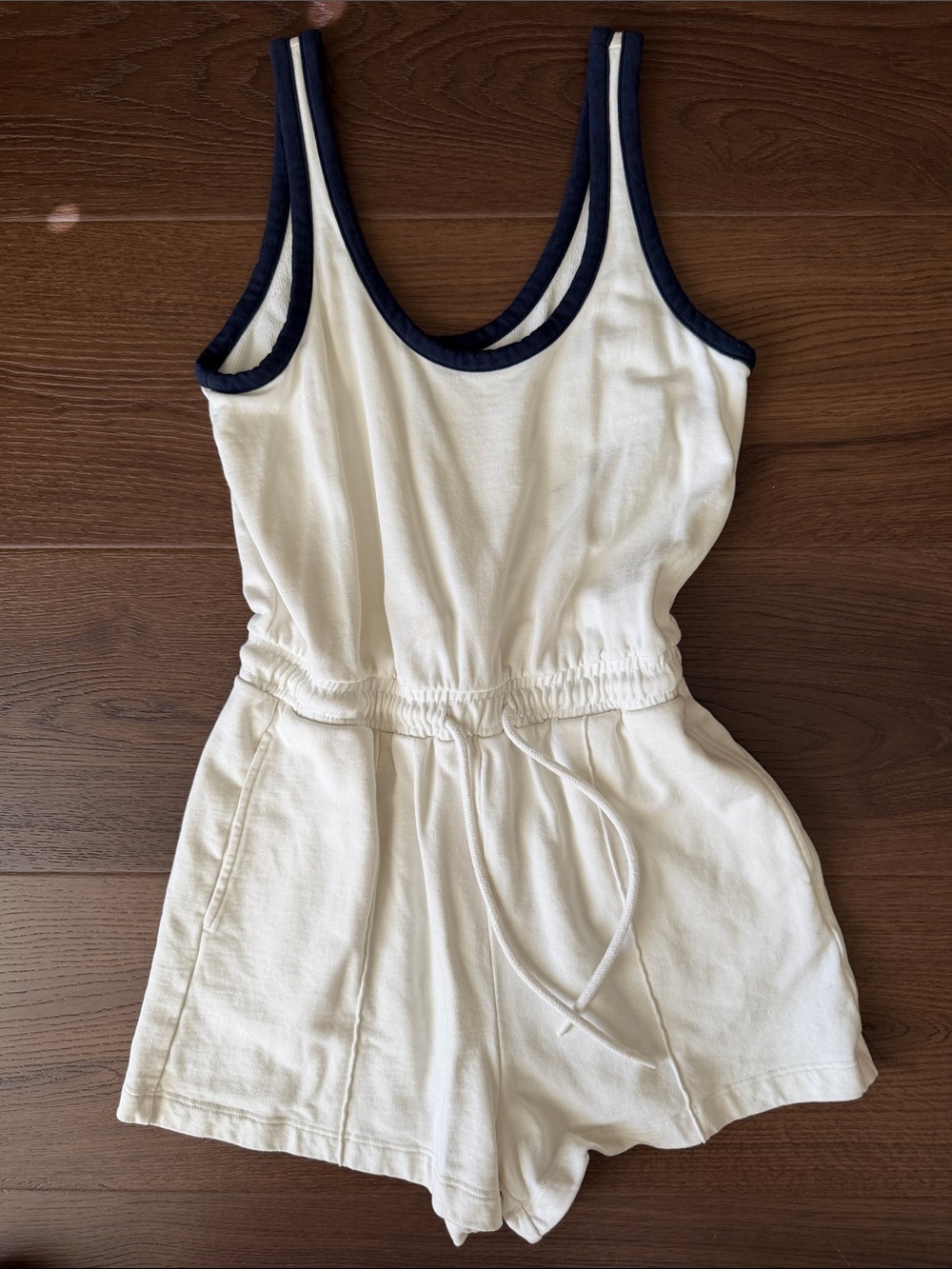 Sweaty Betty Cream Tank Romper with Navy Trim